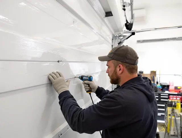 Largo Garage Door Repair technician demonstrating precision dent removal techniques on a Largo garage door